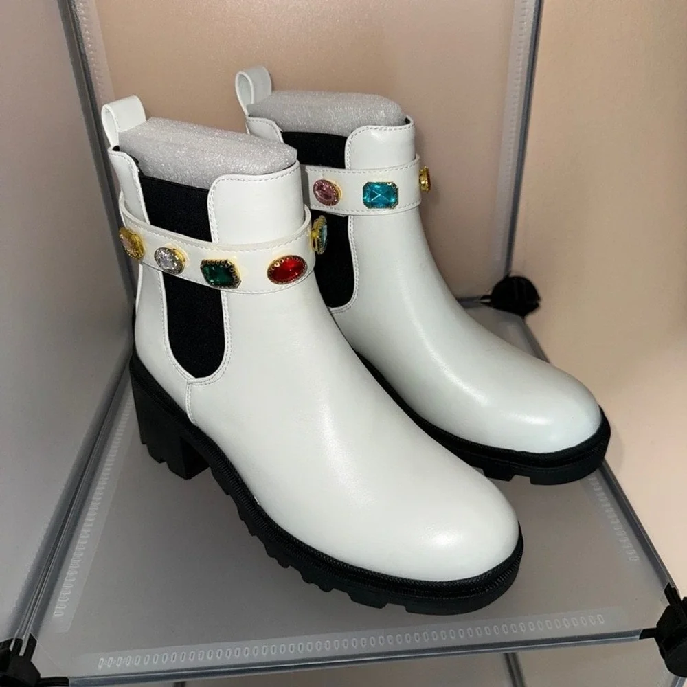 Forever Link Women's Chelsea Studded Strap Chunky Ankle Boot White Size 5.5